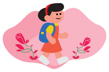Happy Schoolgirl Walking to School with Flowers Illustration