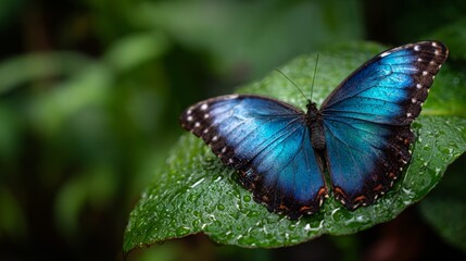 Blue morpho butterfly resting on a dew-covered green leaf deep in a lush tropical rainforest, vibrant colors and natural textures