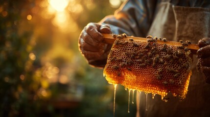 Fototapeta premium Beekeeper holding a honeycomb full of bees, honey dripping from the comb, glowing golden light in the background