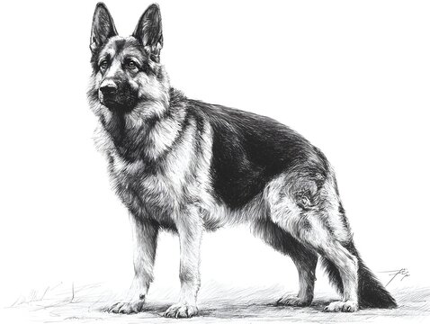 Detailed black and white drawing portrays a majestic German Shepherd dog standing alert in a simple setting.