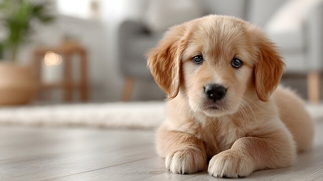 Adorable golden retriever puppy stares directly at the camera while lying on a light colored wooden floor.