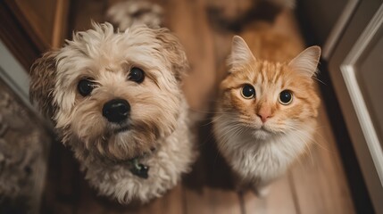 Fototapeta na wymiar An adorable fluffy dog and a ginger tabby cat look up with curious expressions in a domestic setting.