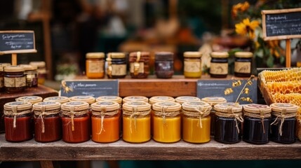 Elegant glass jar of golden honey on a rustic wooden table, surrounded by fresh honeycomb, wildflowers, and buzzing bees, soft natural lighting