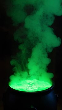 Halloween cauldron with glowing green potion and spooky smoke. Halloween magic brewing in black  witch's pot with green liquid.
