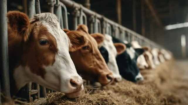 Cows Feeding: A row of brown, black and white cows stand side by side in a indoor barn, munching on feed.