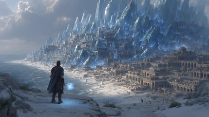 A lone figure gazes upon a breathtaking icy city, a mystical coastal metropolis of crystalline structures, bathed in the soft glow of a winter's day.