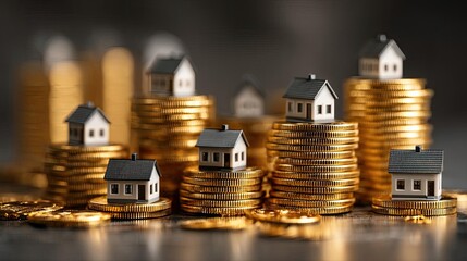 Real estate retirement investment income through efficient planning concept. Conceptual image of investment in real estate with coins and houses.