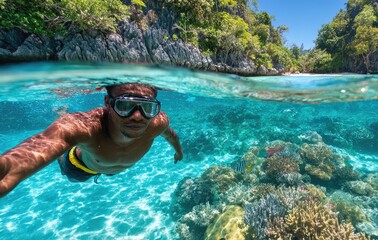 A person is floating in the water, wearing flippers and goggles while swimming underwater near coral reefs on an island beach with a clear blue sky.