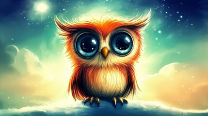 Naklejka premium In a snowy winter wonderland, a large-eyed owl with a fluffy orange coat stands tall, surrounded by the serene beauty of a night sky with falling snow