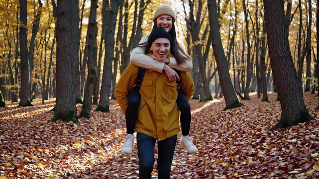 Couple play in fall forest walk. Leaves fly around in golden forest. Autumn couple in love. Path covered in forest leaves. Romance and joy in autumn walk. Couple happy in colorful autumn forest