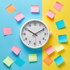 Wall clock with colorful sticky notes on blue and yellow background
