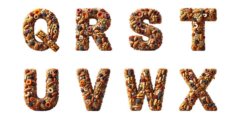 Letters Q to X made from assorted nuts and dried fruits : Artistic 3D alphabet letters Q, R, S, T, U, V, W, and X created from a vibrant mix of dried fruits, grains, and nuts on black background