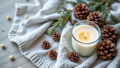 serene flat lay of frosted candle jar with pinecones on a wool blanket texture