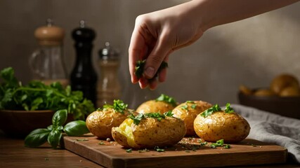 Culinary Sprinkles: Hand delicately garnishes baked potatoes with fresh herbs, creating a symphony of flavors, colors, and textures.