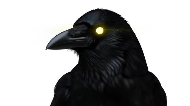 Black Raven With Glowing Eyes On White Background