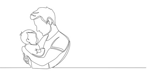 One continuous line drawing of father and son, editable line, Father's Day. Father holds infant in a tender embrace during a quiet moment of bonding.