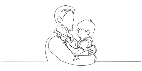 One continuous line drawing of father and son, editable line, Father's Day. Father holding his baby in a tender embrace during a quiet moment of connection at home