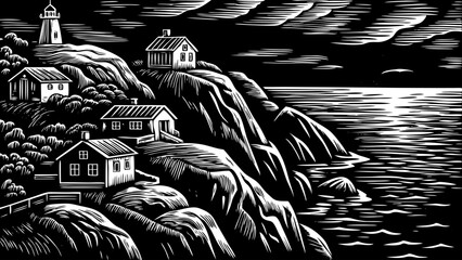 Black and white sketch vector of a coastal cliffside village with houses perched over the ocean