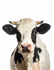 Retrato de la cabeza de una vaca lechera blanca y negra mirando de frente sobre fondo blanco