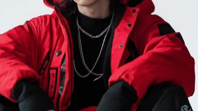 Edgy model showcases red jacket necklaces