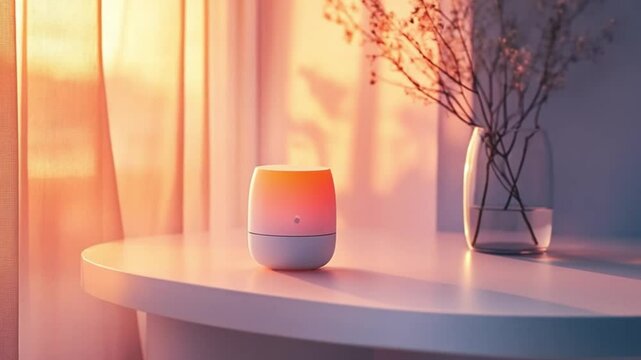 Serene Sunset Glow: Google Nest Hub on a Table