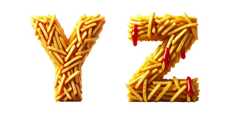 Letters Y and Z made from crispy french fries : Tasty 3D alphabet letters Y and Z crafted from golden fries with drips of ketchup on black background