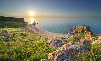 Sundown on the beach. Seascape nature composition.