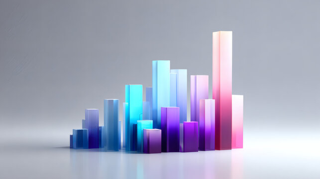 Colorful 3D bar graph with translucent columns in gradient hues of blue, purple, and pink on a clean, light background.