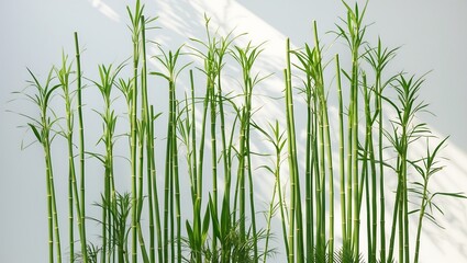 Obraz premium Slender lemongrass stalks rise like bamboo skyscrapers, forming a futuristic eco-cityscape. Against a pristine white background, soft light reveals nature’s elegance fused with innovation.