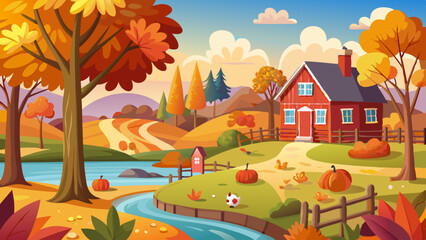 Cartoon autumn countryside scene with red house, pumpkins, trees and river in warm seasonal colors