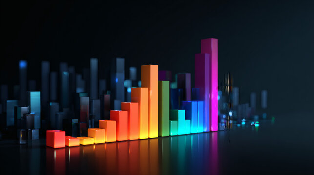 A colorful 3D bar graph with glowing neon bars stands out against a dark background, symbolizing data analysis and visualization.