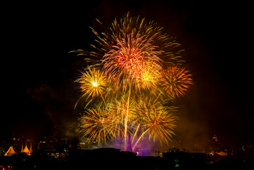 Celebration Happy new year,  Beautiful firework display at Wat Arun for Bangkok Thailand Countdown Beautiful backdrop and lighting of famous Bangkok landmark, Thailand