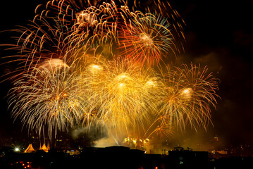 Celebration Happy new year,  Beautiful firework display at Wat Arun for Bangkok Thailand Countdown Beautiful backdrop and lighting of famous Bangkok landmark, Thailand