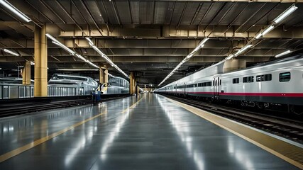 Modern high-speed trains at empty terminal station
 - Powered by Adobe
