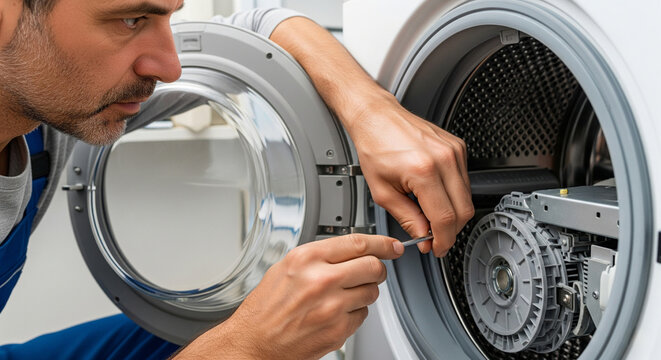 A handyman repairs a broken washing machine, close-up