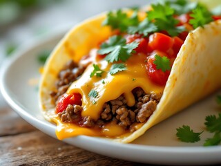Close-up of a soft taco filled with seasoned meat, fresh salsa, melted cheese, and chopped cilantro. Juicy, vibrant, and mouthwatering. Perfect for food lovers and culinary visuals