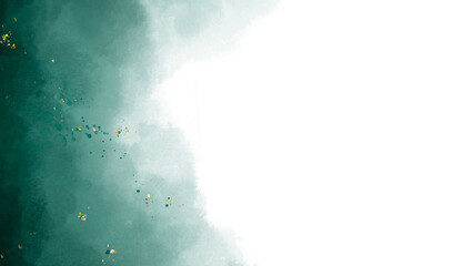 Dark green watercolor paint on white background.with hand drawn blots on white background marble background with gold stripes and glitter dust , wedding or birthday invitation card template.  