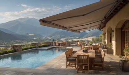 Obraz premium Luxury Outdoor Pool Patio with Mountain Views Under Beige Awning