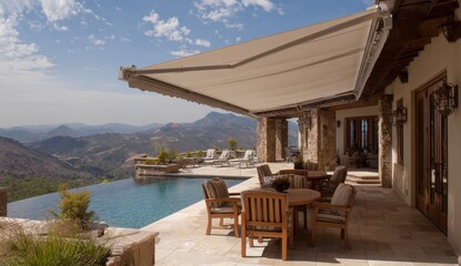 Fototapeta premium Outdoor Patio with Awning Overlooking Pool and Mountain View