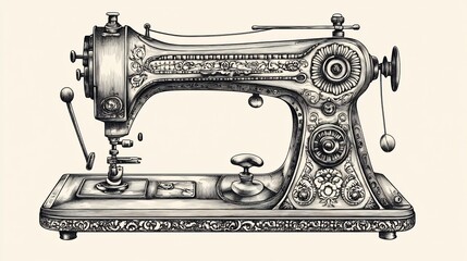 Ornate Antique Sewing Machine: A Detailed Pen-and-Ink Illustration