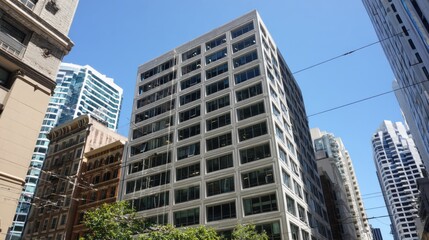 Fototapeta premium Tall modern building with grid-like pattern of large windows, white facade and dark frames, standing prominently against a clear blue sky, surrounded by diverse architectural styles including ornate o