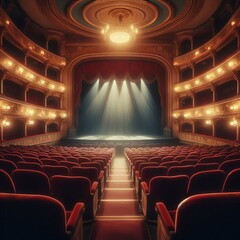 Empty theatre seats Rows of plush velvet seats in an old dimly l
