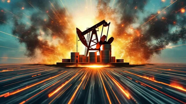 Oil trading war concept, Oil pump jack with explosive background effects and barrels.