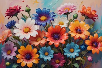 Obraz premium Colorful daisy flower bouquet flourishing on a watercolor background. Botanical spring garden blossom for decorative floral display.