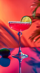 Prickly Pear Margarita Cocktail. Colorful drink with a lime slice on top is served in a martini glass. The drink is pink and has a bubbly texture, making it look refreshing and inviting