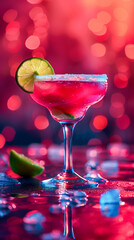 Prickly Pear Margarita Cocktail. Colorful drink with a lime slice on top is served in a martini glass. The drink is pink and has a bubbly texture, making it look refreshing and inviting
