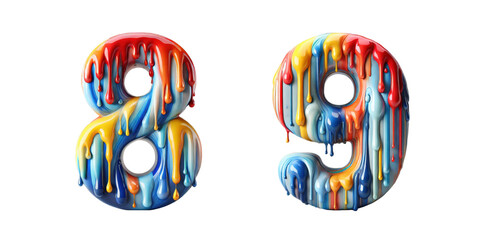 Colorful dripping paint numbers 8 and 9 : Glossy 3D number eight and nine formed by vibrant multicolored liquid paint drips on black background