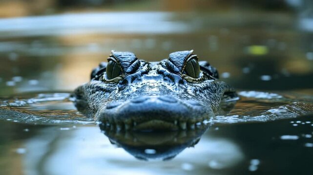 A crocodile is swimming in the water with its head sticking out. The water is calm and clear