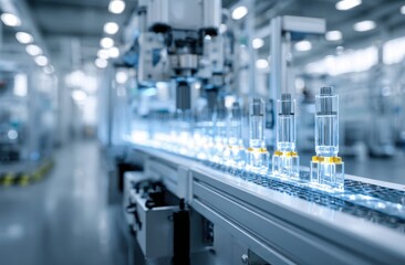 Assembly Line with Clear Vials in a Modern Factory