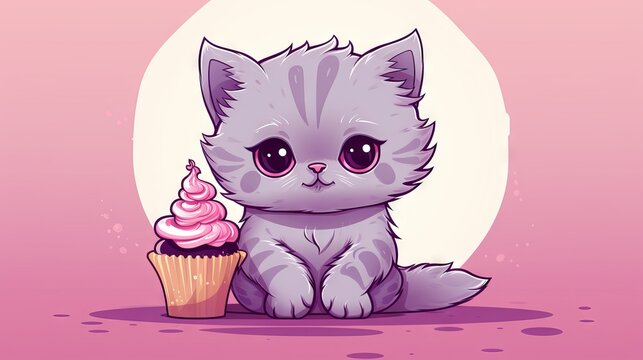 A cute cat celebrates a birthday on a sweet cupcake. This adorable cartoon kitten is perfect for baby t-shirts, fairy tale books, or a special wish!

